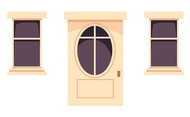 Janela, porta, madeira, frente, isolado, conjunto, apartamento, gráfico, desenho, ilustração