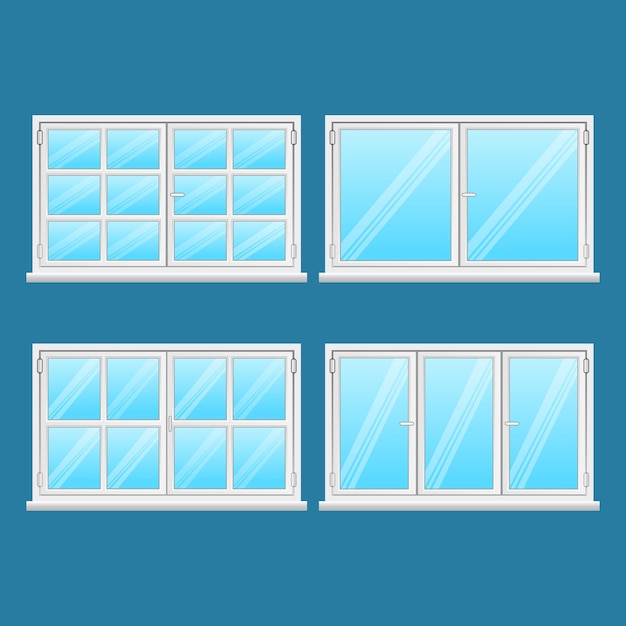 Vetor janelas de alumínio definidas isoladas sobre fundo azul. janelas de alta qualidade em aço inoxidável. tipos de quadros modernos. uso externo da janela. janelas de casa e escritório. janela . ilustração