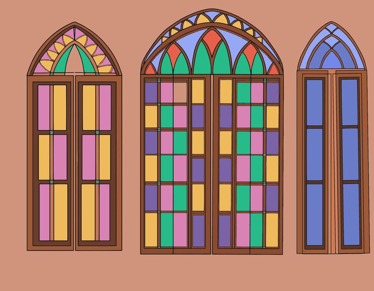 Vetor janelas de estilo gótico, vitrais coloridos brilhantes, conjunto de elementos de arquitetura desenhados à mão