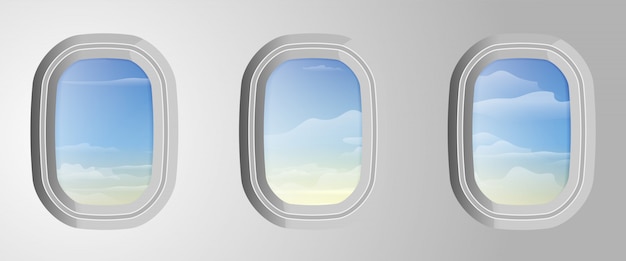 Janelas do avião com o céu azul nebuloso fora. Vista do avião. Céu com nuvens na janela do avião. Ilustração vetorial