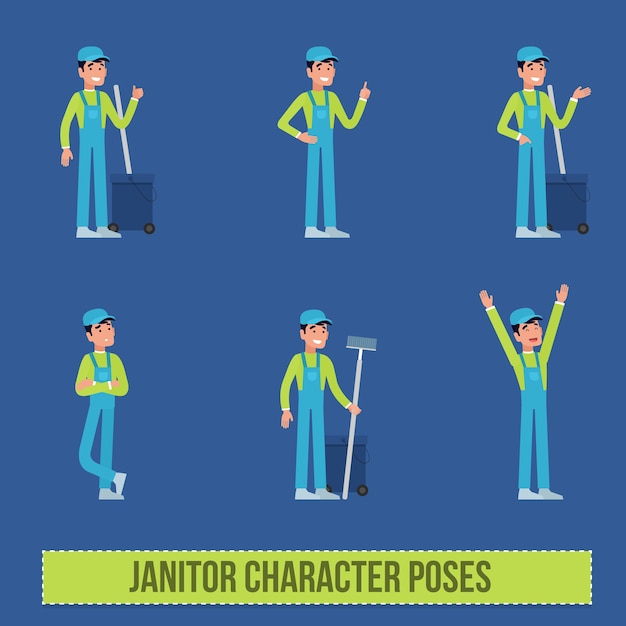 Vetor janitor / cleaner character poses