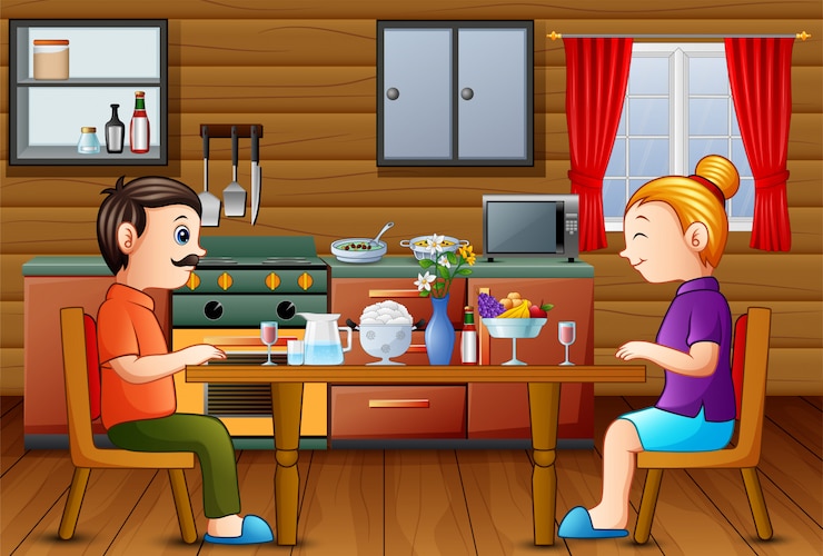 Vetor jantar de família na mesa da cozinha com o pai da mãe
