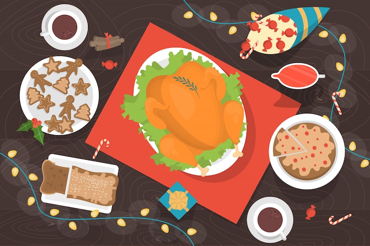 Vetor jantar de natal em cima da mesa vista. saboroso frango delicioso e sobremesa com decoração ao redor. ilustração em estilo cartoon