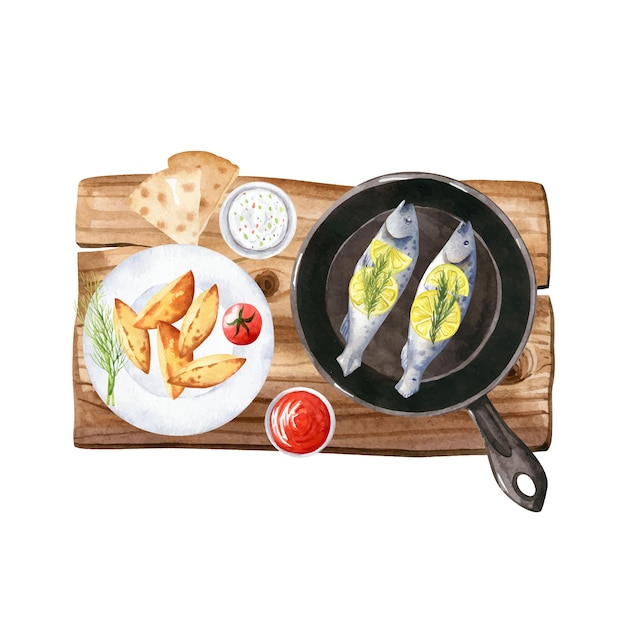 Jantar no campo com peixe assado em ferro fundido, batatas fritas com endro vector comida clipart