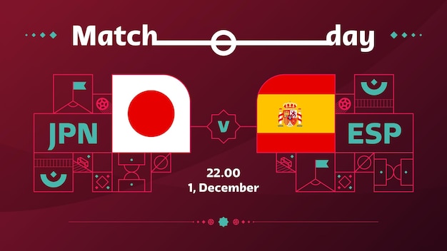 Japão Espanha partida de futebol 2022 2022 World Football Competition Championship match versus equipes introdução esporte fundo campeonato competição cartaz ilustração em vetor