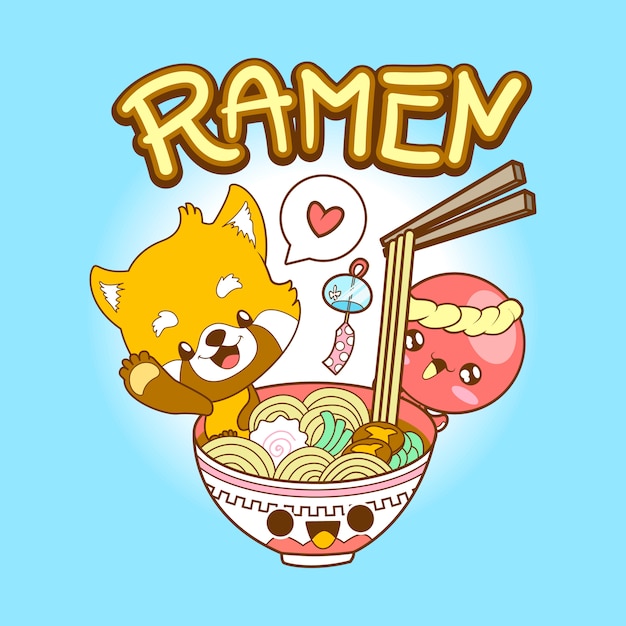 Japão fofo kawaii panda vermelho e polvo comer ramen