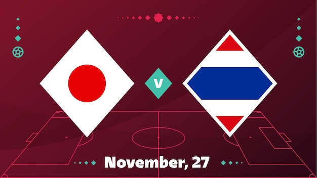 Japão vs costa rica partida do campeonato mundial de futebol 2022 contra equipes no campo de futebol intro esporte fundo competição campeonato cartaz final ilustração vetorial de estilo plano