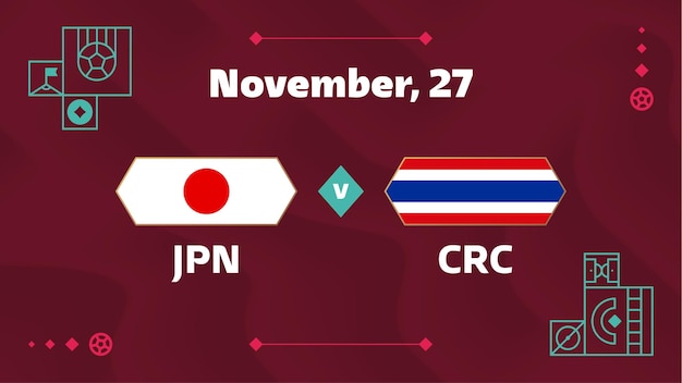 Japão vs costa rica partida do campeonato mundial de futebol 2022 contra equipes no campo de futebol intro esporte fundo competição campeonato cartaz final ilustração vetorial de estilo plano