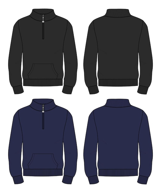 Jaqueta de manga comprida camisola técnica de moda desenho plano vector modelo de cor preto e marinho