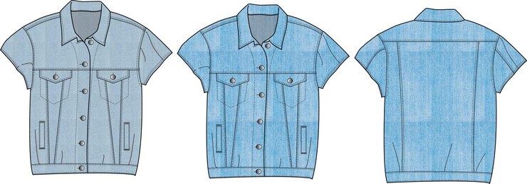 Vetor jaqueta jeans de meia manga feminina frente e costas esboço plano ilustração vetorial de desenho técnico