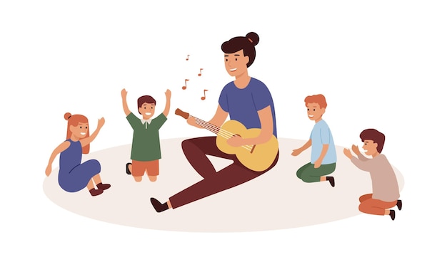 Jardim de infância com ilustração em vetor plana grupo de crianças. governanta do berçário tocando violão. aulas de música e canto, jogos, entretenimento. personagens de desenhos animados de mulheres e crianças a sorrir.