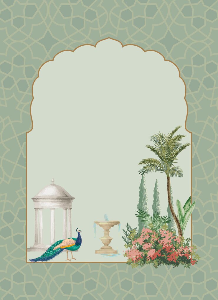 Vetor jardim mughal com cúpula de arco de pavão ilustração para convite