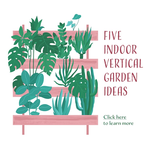 Jardim vertical interno, vegetação com palmeiras, cactos e outras plantas envasadas em recipientes em camadas com lugar para texto, banner ou folheto