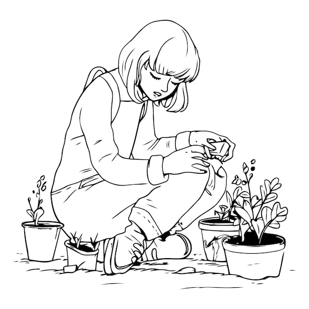 Vetor jardinagem de uma mulher plantando uma planta