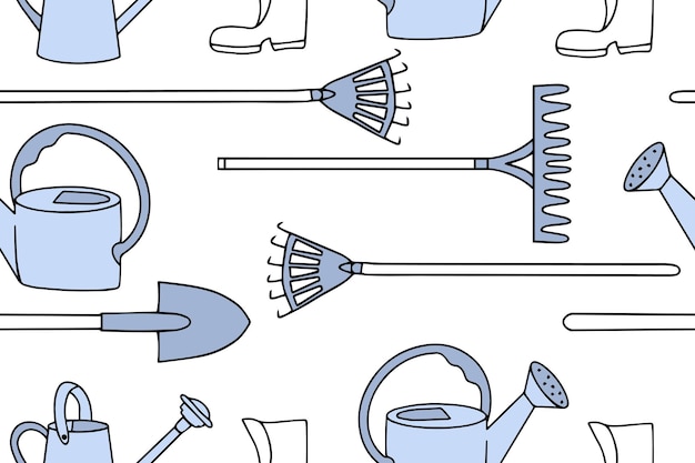 Jardinagem desenhado à mão padrão sem costura doodle ornamento de ferramentas de jardinagem ícones ilustração vetorial de água de pá pode ilustração vetorial