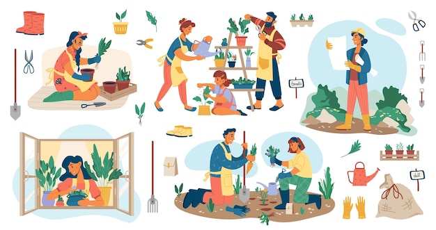Jardinagem e plantio fora do homem, mulher, jardineiros