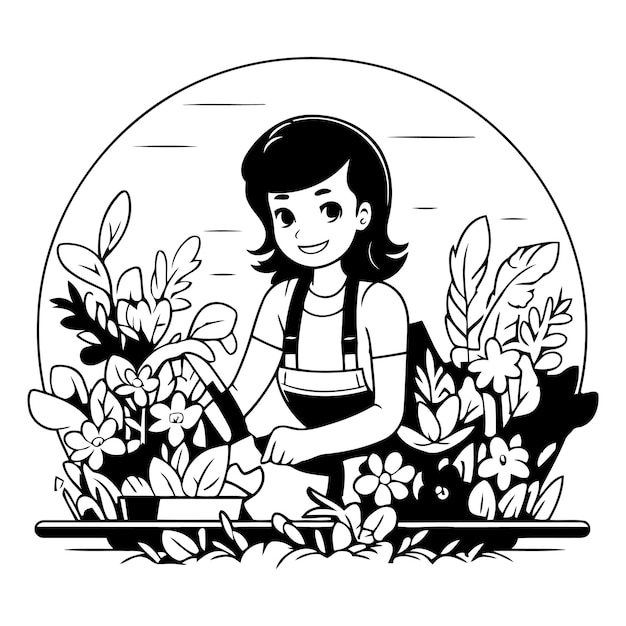 Vetor jardinagem em estilo de desenho animado. menina trabalhando no jardim.