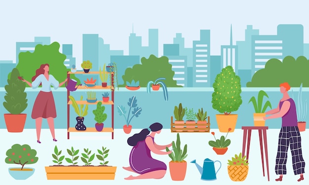Jardinagem urbana, pessoas cultivando e regando as plantas do lado de fora. Ilustração em vetor jardim, cultivo, jardinagem e agricultura