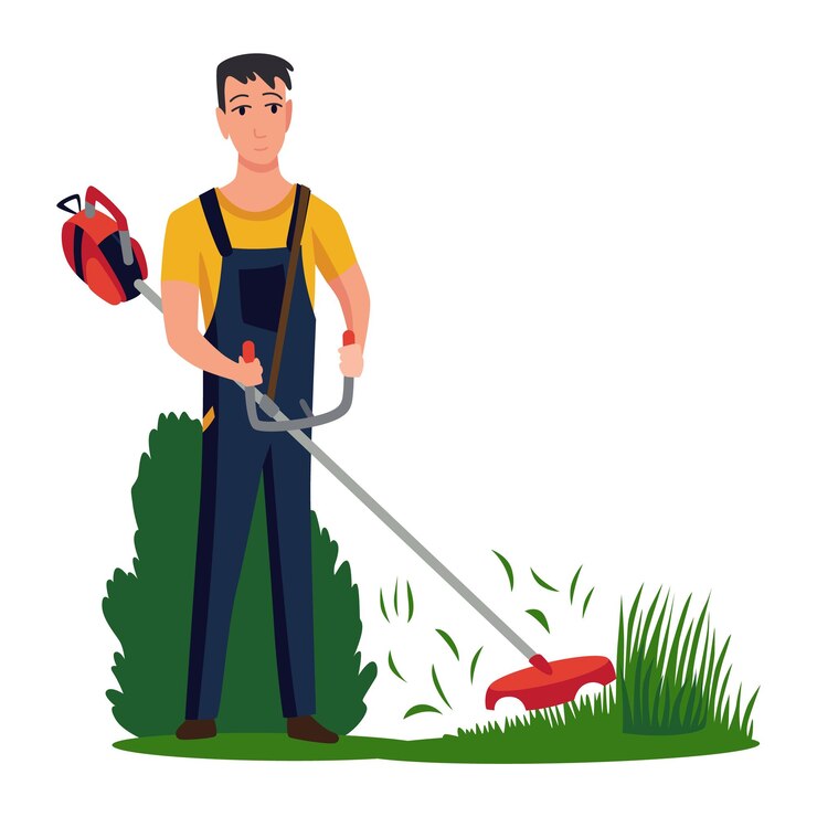 Vetor jardineiro profissional trabalhando no quintal e cortando grama com cortador elétrico faz-tudo masculino cortando grama no jardim ilustração em vetor de desenho animado plano colorido de trabalhador profissional