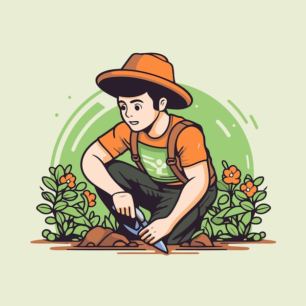 Vetor jardineiro trabalhando no jardim ilustração vetorial em estilo de desenho animado