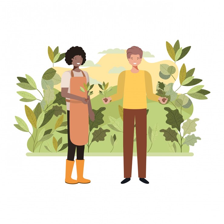 Jardineiros de homens com caráter de avatar de paisagem