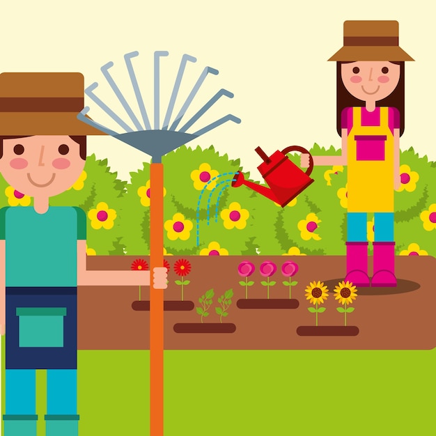 jardineiros de menino e menina plantando no jardim regando flores