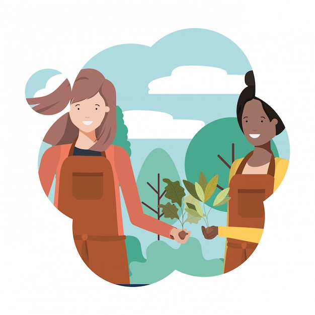 Vetor jardineiros de mulheres com caráter de avatar de paisagem