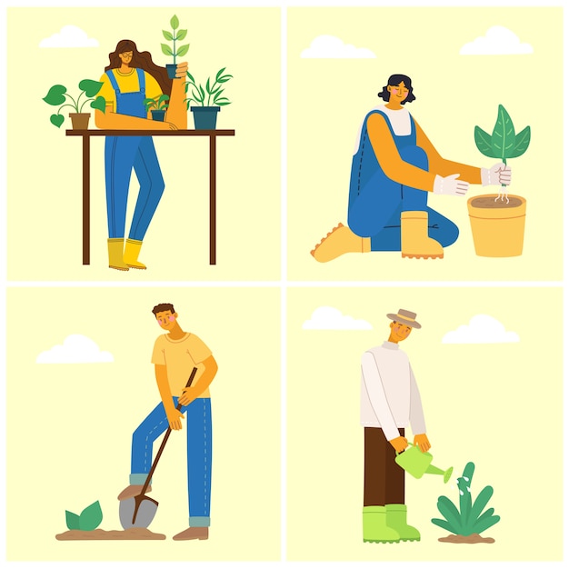 Jardineiros de pessoas. Homem com carrinho de mão de terra, uma mulher segurando um vaso de flores e regador. Ilustração em vetor em um estilo simples