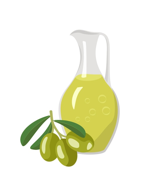 Jarro de azeite e ramo de azeitonas com folhas. Recipiente transparente de vidro com líquido amarelo. Fonte de vitaminas, molho de salada. Ilustração em vetor plana