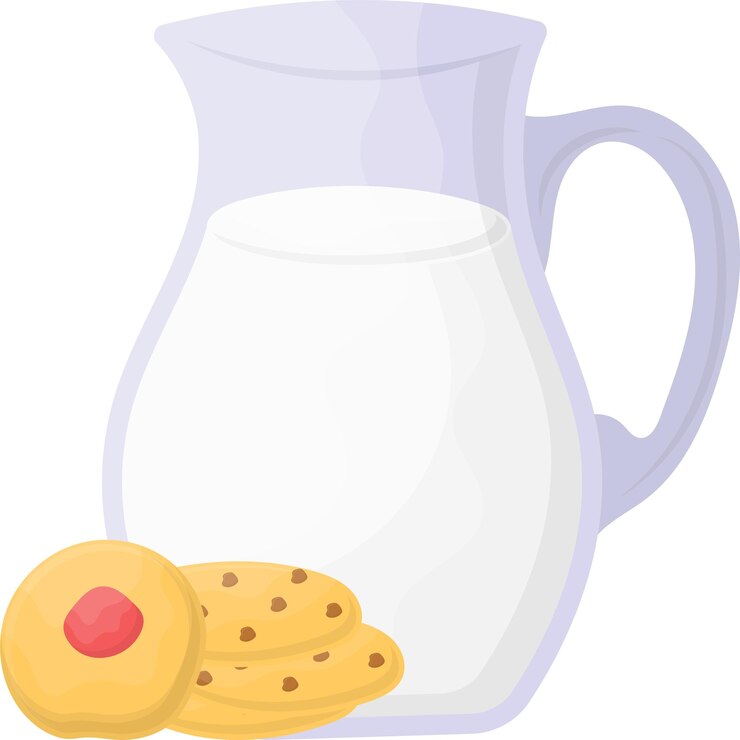 Vetor jarro de leite fresco com conceito de biscoitos deliciosos biscoitos caseiros combinados com jarro pausa para cozinhar