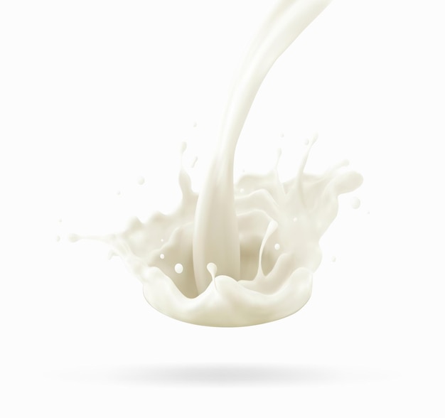 Jato de leite, respingo leitoso, respingo branco líquido realista de vetor em fundo isolado. ilustração 3d.