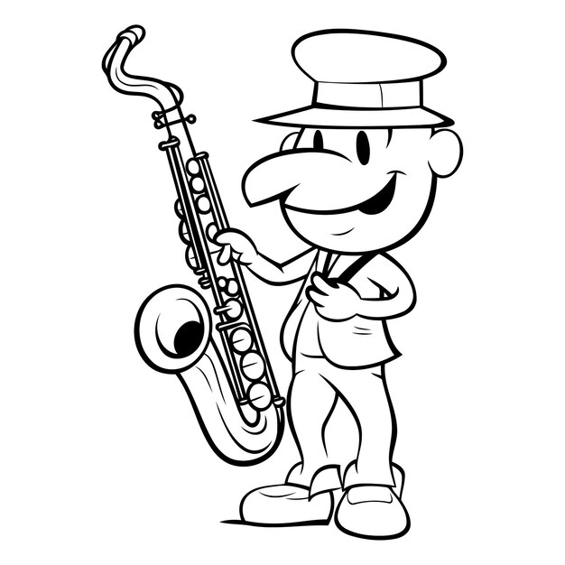 Vetor jazz player ilustração de desenho animado preto e branco de um personagem saxofonista