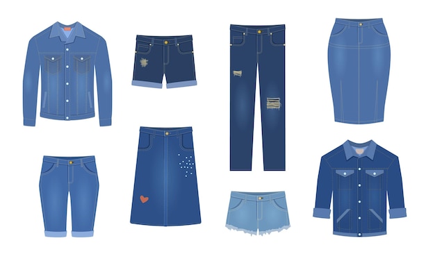Jeans. trendy denim vestuário diferentes tipos de calças jeans femininas azuis, jaqueta e camisa de algodão, shorts e calças de moda saias. conjunto de roupas casuais elegantes coleção de roupas isoladas com vetor