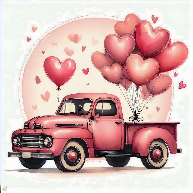 Vetor jeep retro rosa no dia dos namorados camião rosa com balão de coração na celebração