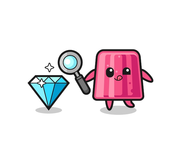 Jelly mascot está verificando a autenticidade de um design bonito de diamante