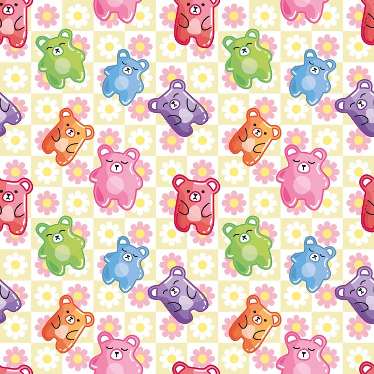 Vetor jellybears doces coloridos doces doces de goma em flor fundo simples padrão sem costura textura para papel de parede de tecido impressão decorativa