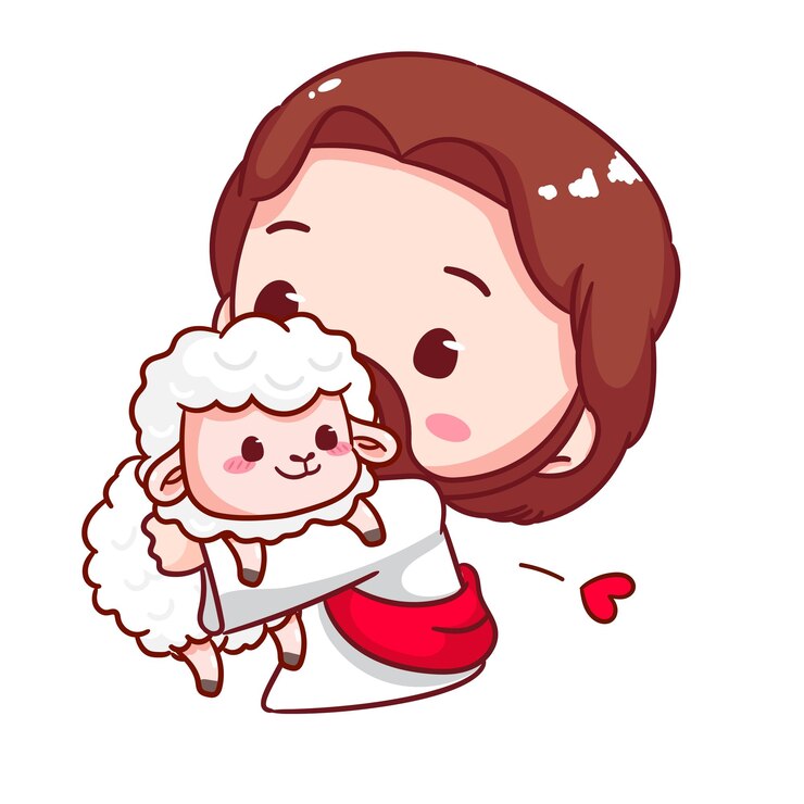 Vetor jesus bonito abraça um cordeiro desenho animado vetor cristianismo religião conceito de design adorável chibi jesus
