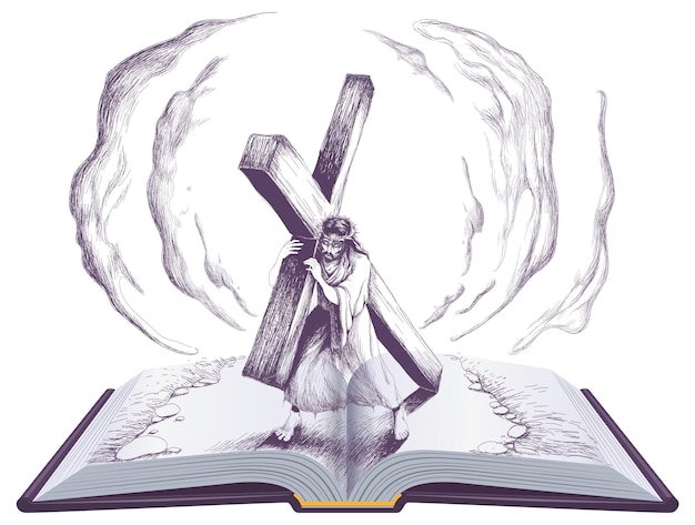 Vetor jesus carrega a cruz livro aberto página bíblica religião