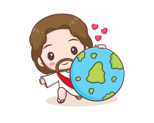Jesus Cristo ama o personagem de desenho animado do mundo. Ilustração de mascote bonito. Fundo branco isolado. Babador