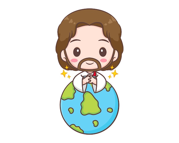 Jesus Cristo ama o personagem de desenho animado do mundo. Ilustração de mascote bonito. Fundo branco isolado.