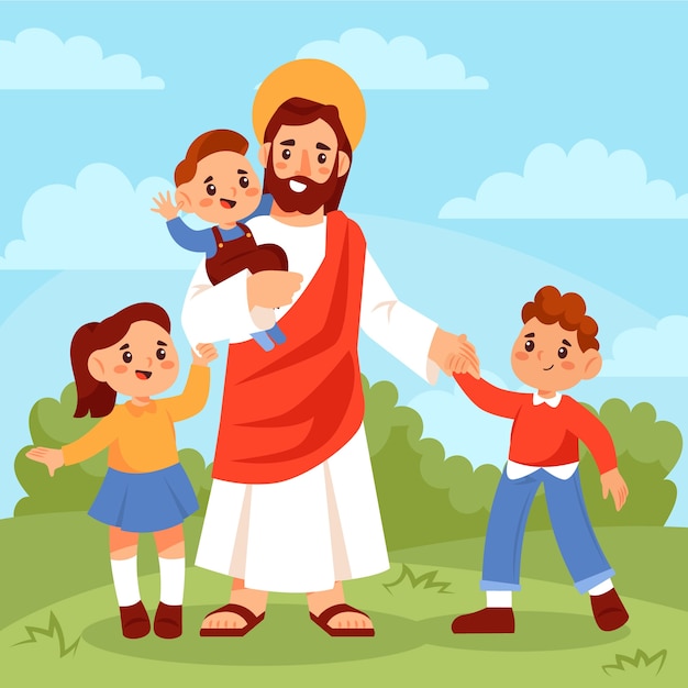Jesus desenhado à mão com ilustração de crianças