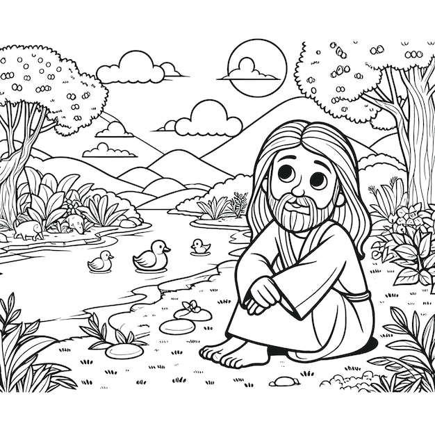 Vetor jesus na natureza para colorir imagem