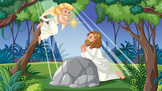 Vetor jesus orando no jardim do getsêmani ilustração de desenho animado vetorial
