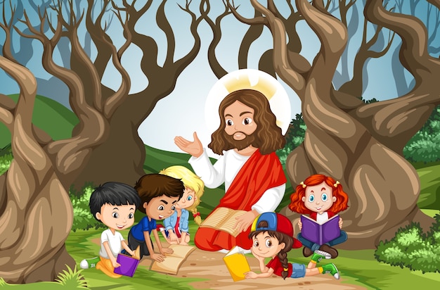 Jesus pregando para um grupo de crianças na cena da floresta