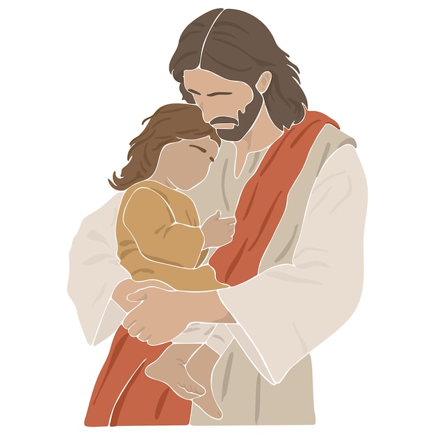 Jesus segura uma menina em seus braços silhueta boho ilustração de vetor cristão