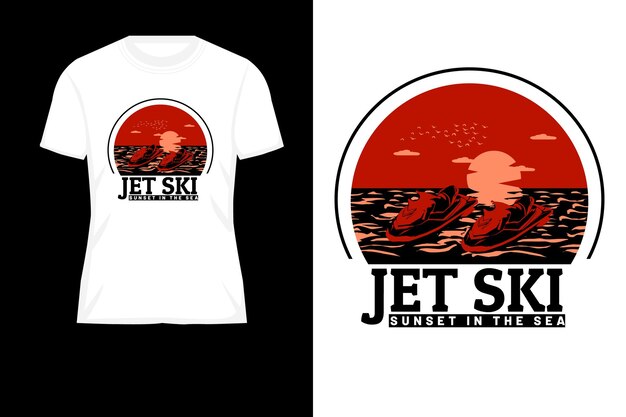 Jet ski pôr do sol no mar silhueta retrô design de camiseta