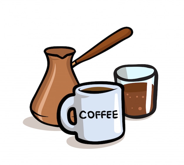 Jezve cafeteira turca e xícara de café. ilustração. sobre fundo branco.