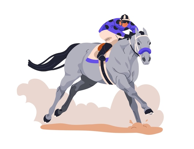 Jockey em cavalo de corrida Cavaleiro em ação Esporte equino corrida em pista Cavaleiro montando garanhão galopando rápido Ilustração vetorial plana isolada em fundo branco