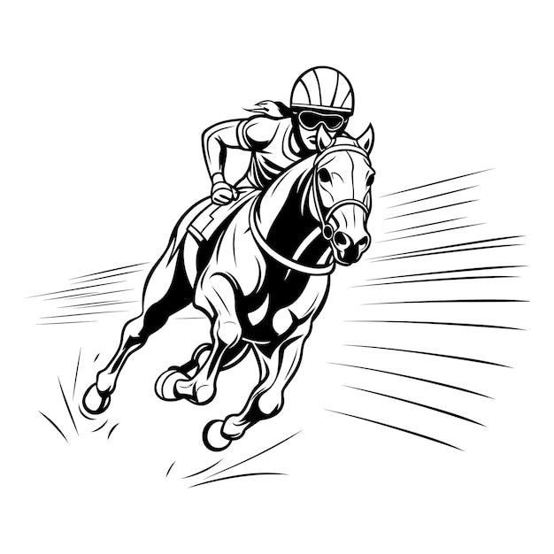 Vetor jockey montando um cavalo ilustração vetorial preto e branco em fundo branco