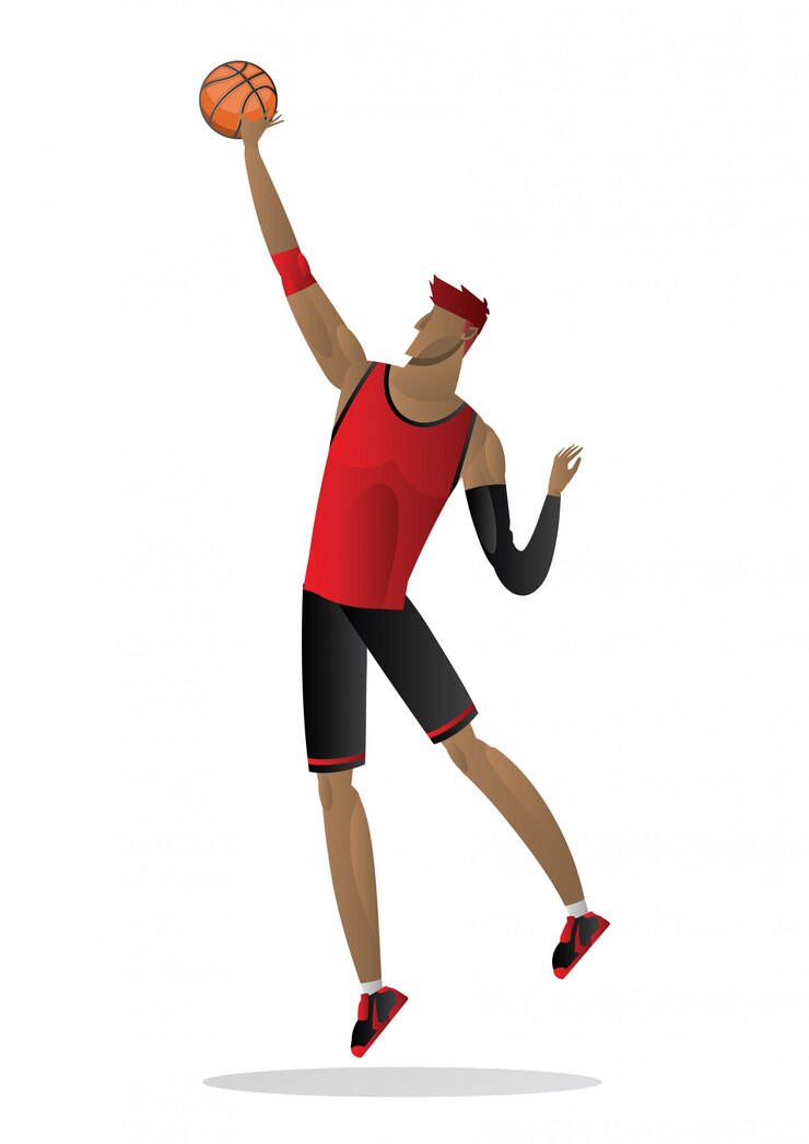 Vetor jogador basquetebol, em, vermelho uniforme preto, com, a, bola